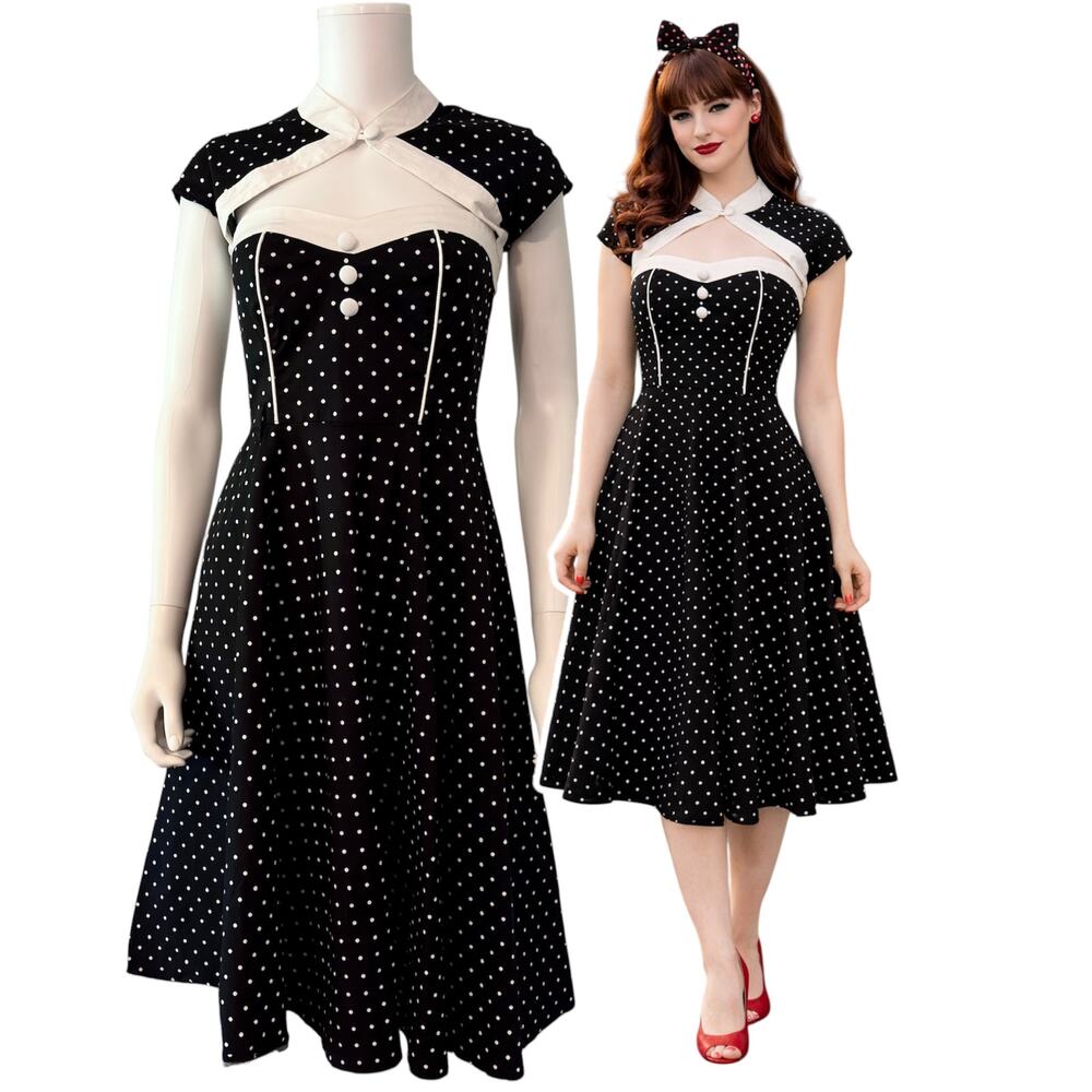 Hell Bunny Vixen Polka Dot Pinup Dress Size XS Black White Rockabilly Coquette